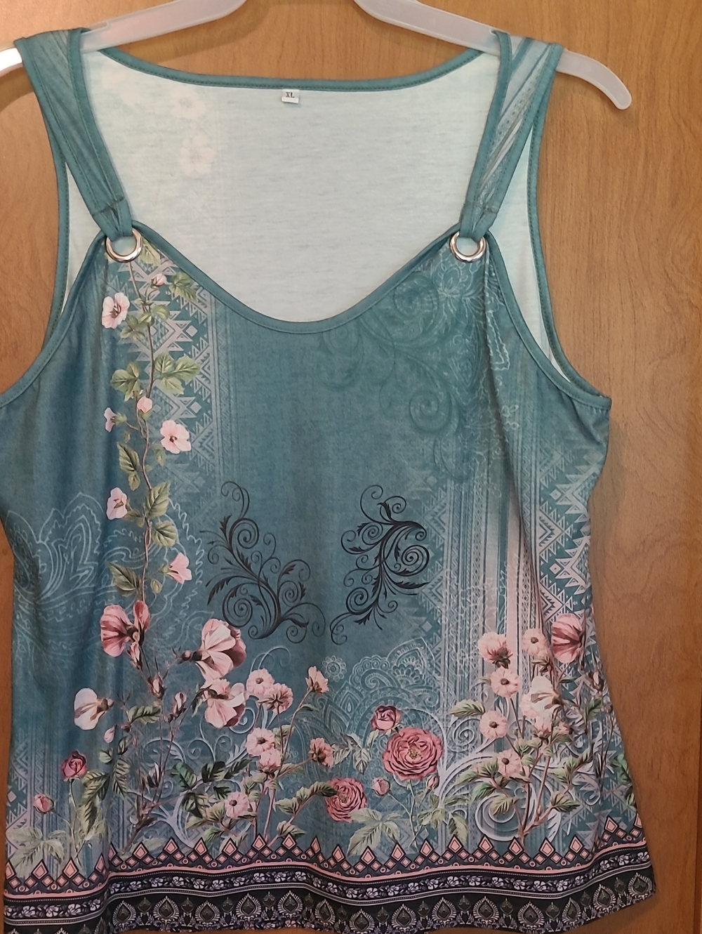 Floral Green Sleeveless Tank Top with Ring-Strap Detail